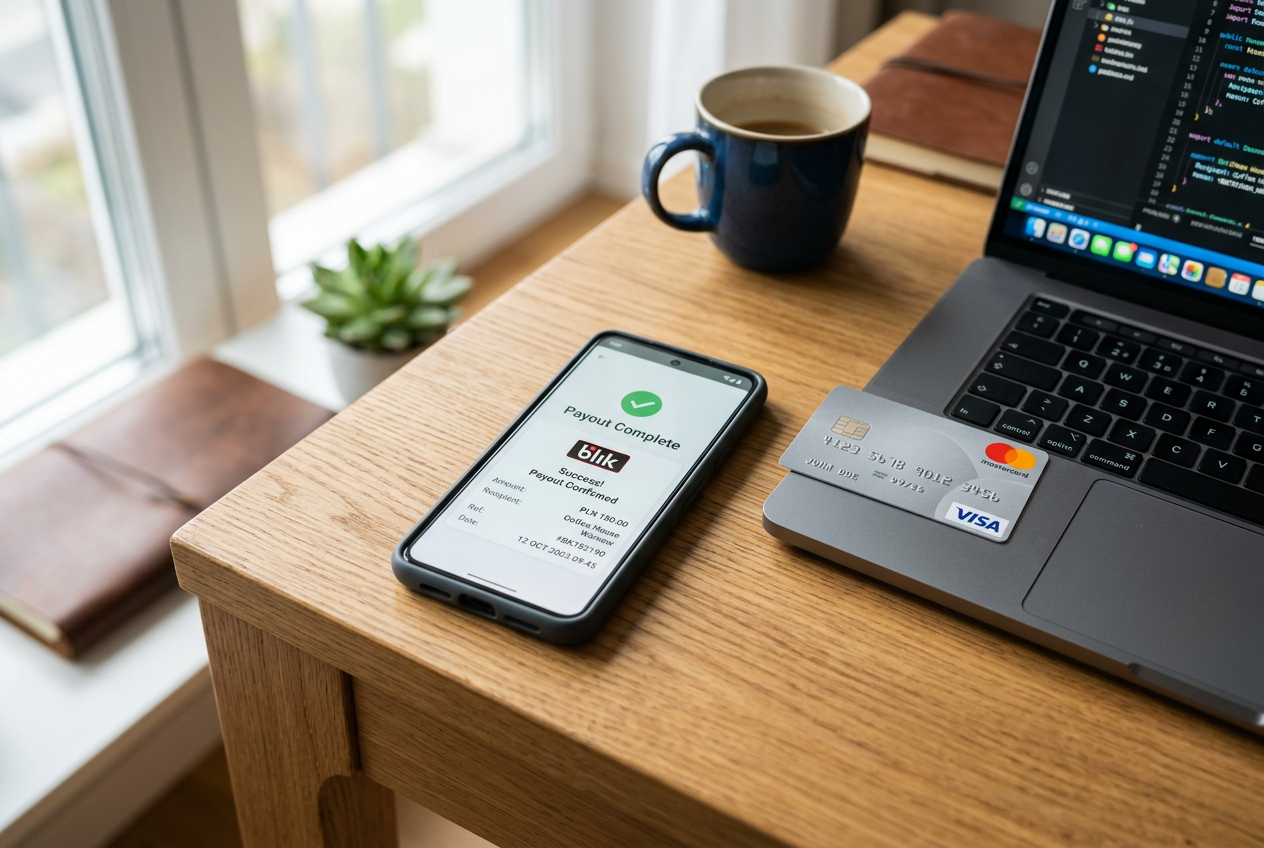 A digital payment confirmation on a smartphone screen next to a credit card.