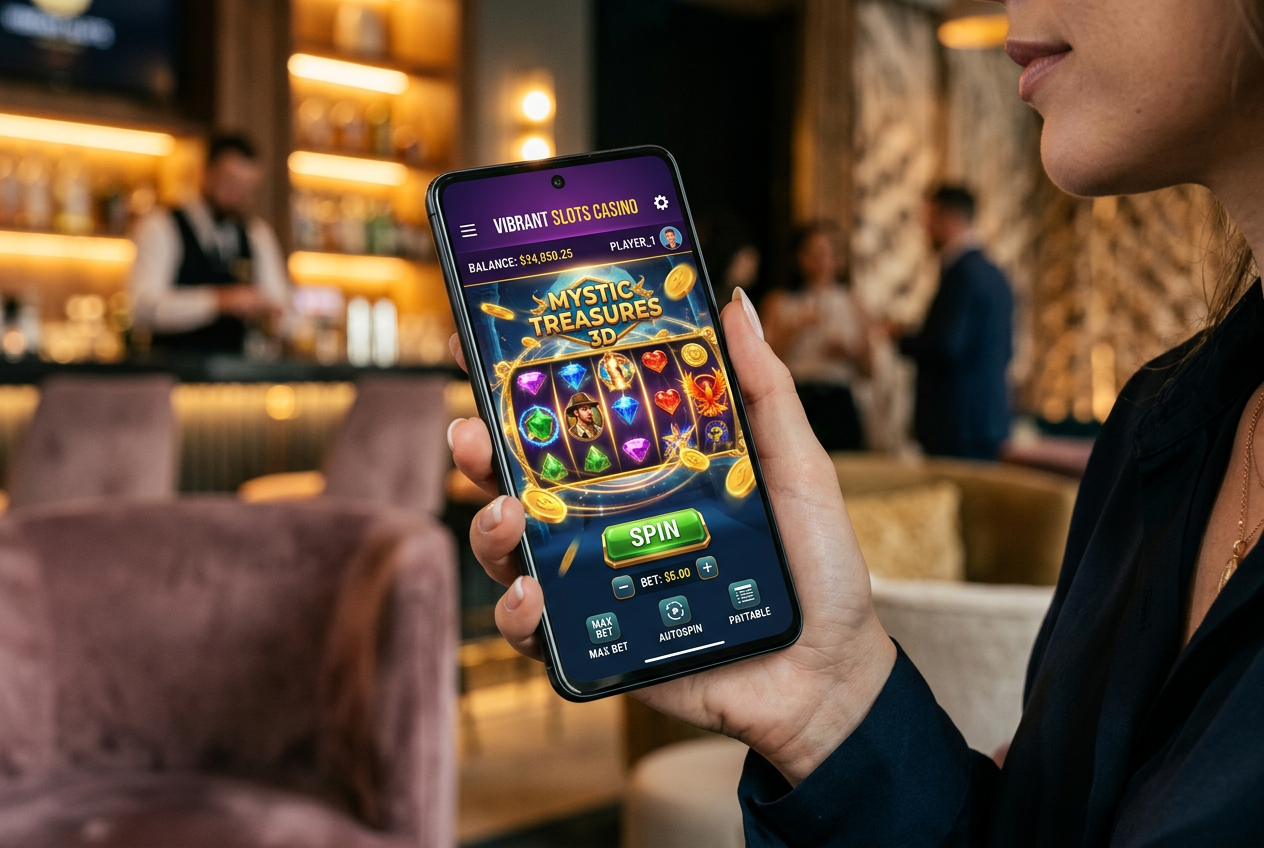 A high-tech mobile casino interface on a smartphone.
