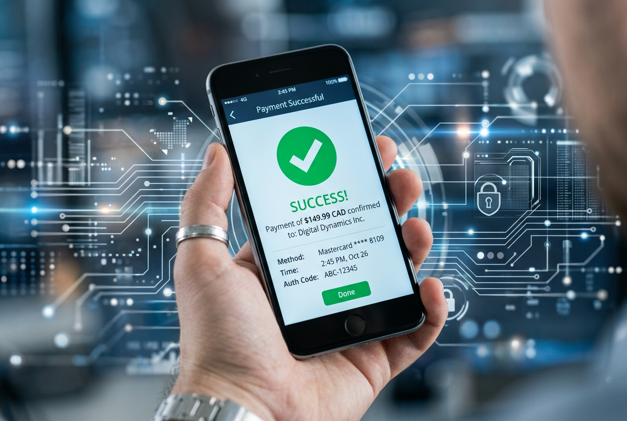 A close-up of a secure mobile transaction with a checkmark and encryption symbols.