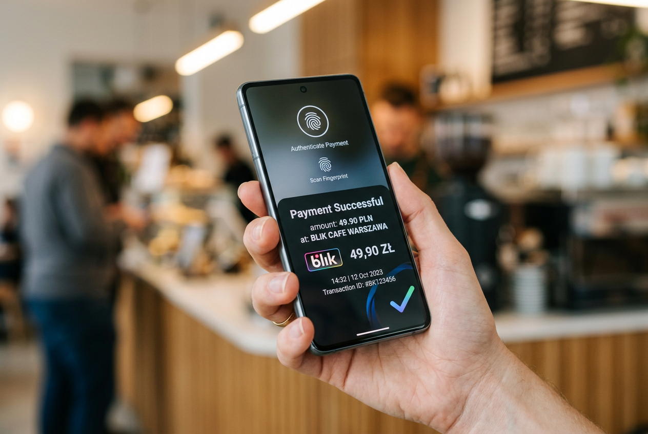 User confirming a mobile payment with a fingerprint scan on a smartphone