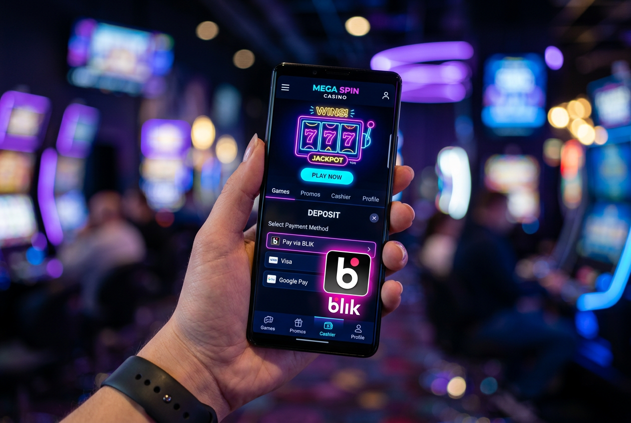A hand holding a smartphone showing a modern online casino payment screen with a BLIK logo.