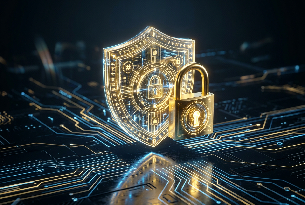 Abstract digital security concept with a glowing shield and padlock representing safe gambling.