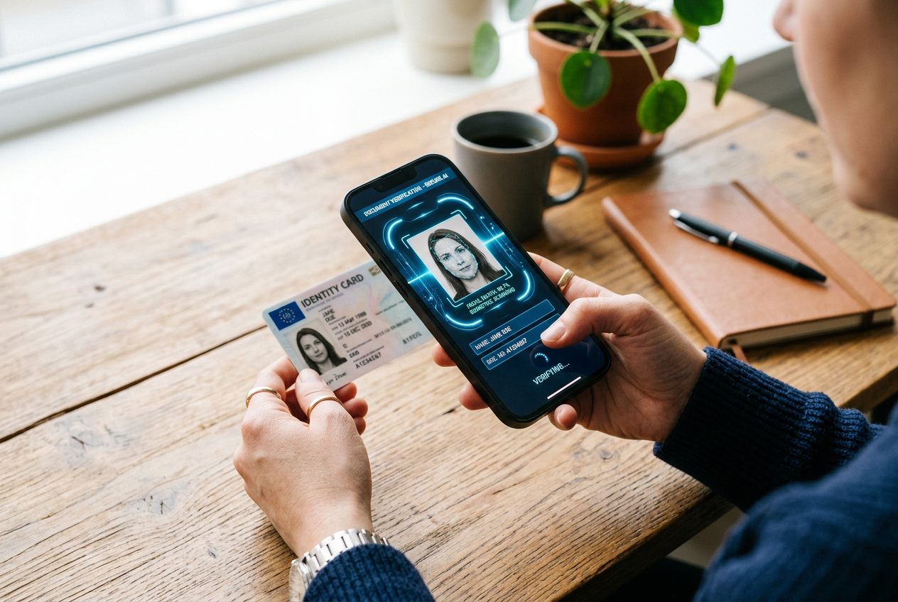 A close-up of a smartphone using AI to scan a document for fast identity verification.