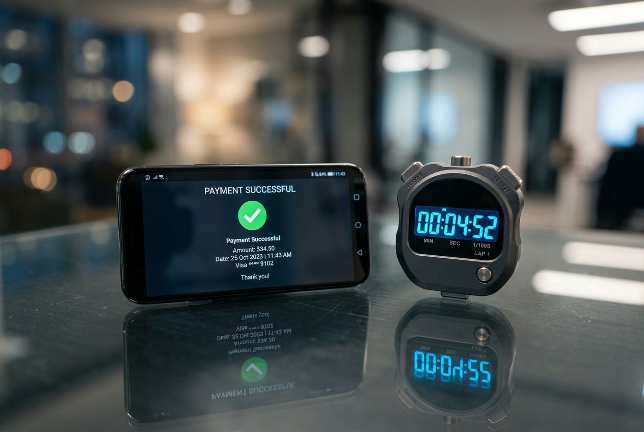 A digital stopwatch showing a sub-five-minute time next to a smartphone with a green 'Transfer Complete' screen.