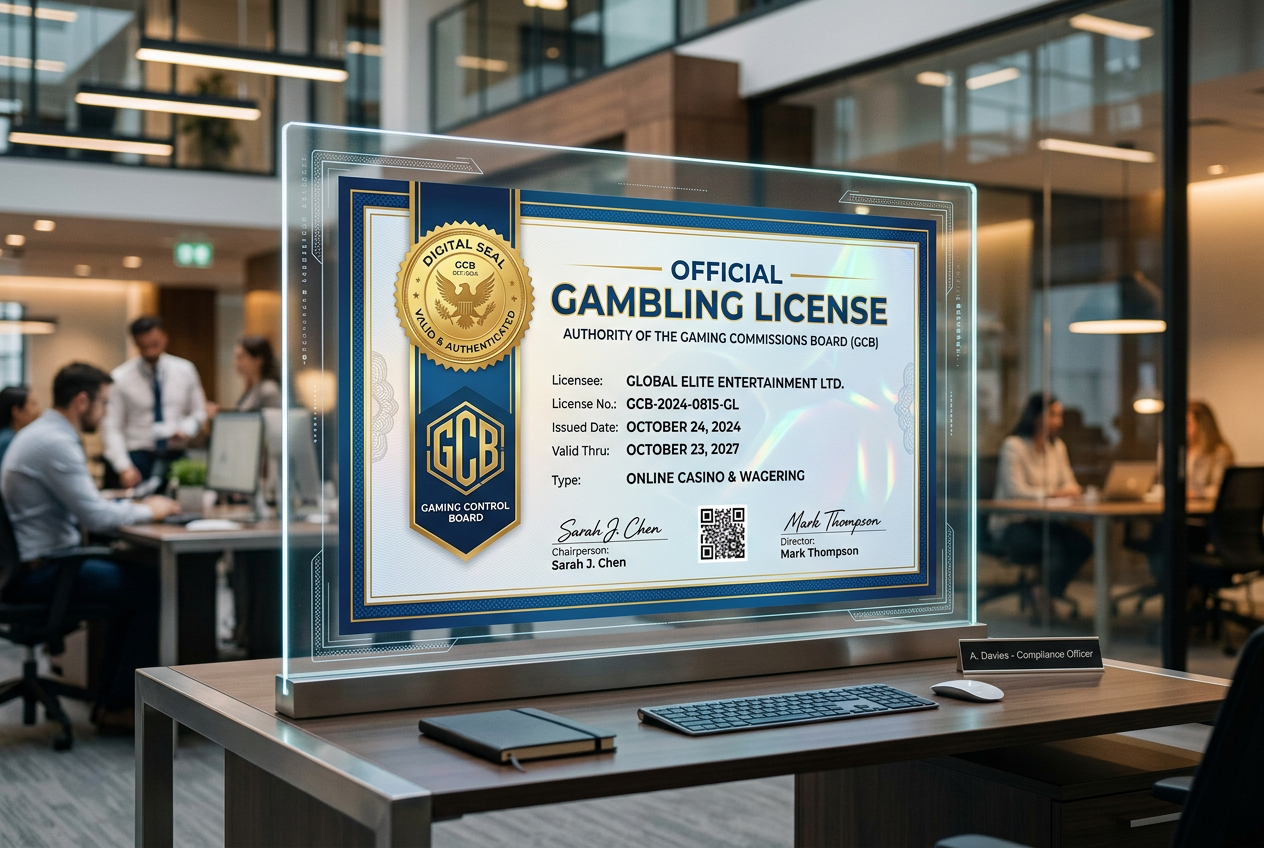 High-tech visualization of a digital gambling license verification.